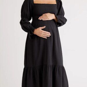 Quince Maternity Smocked Midi Dress Black Long Sleeve Tiered Cotton Size L NWT